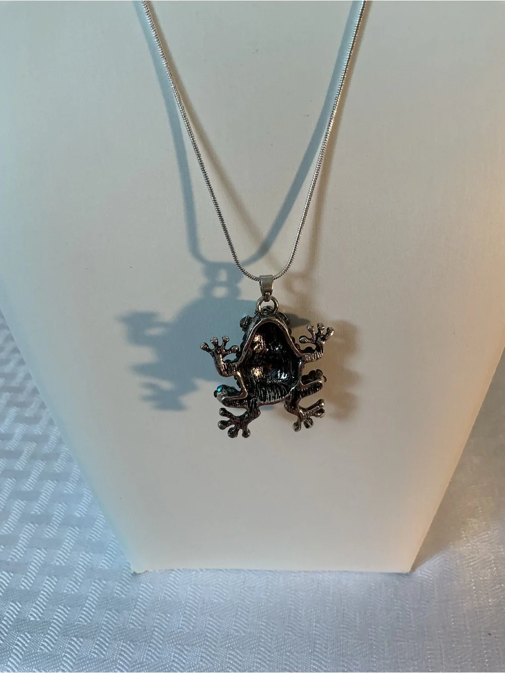 Peacock Color Pave’ Rhinestone Frog Antique Silver Tone Pendant Necklace